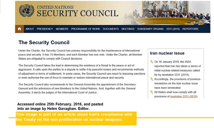 Iran's compliance in January, 2016 with the nuclear non-proliferation treaty (NPT). Image is a partial screen shot of the UNSC webite, and 
it was cropped and made into a jpeg by Helen Gavaghan, editor of Science, People & Politics